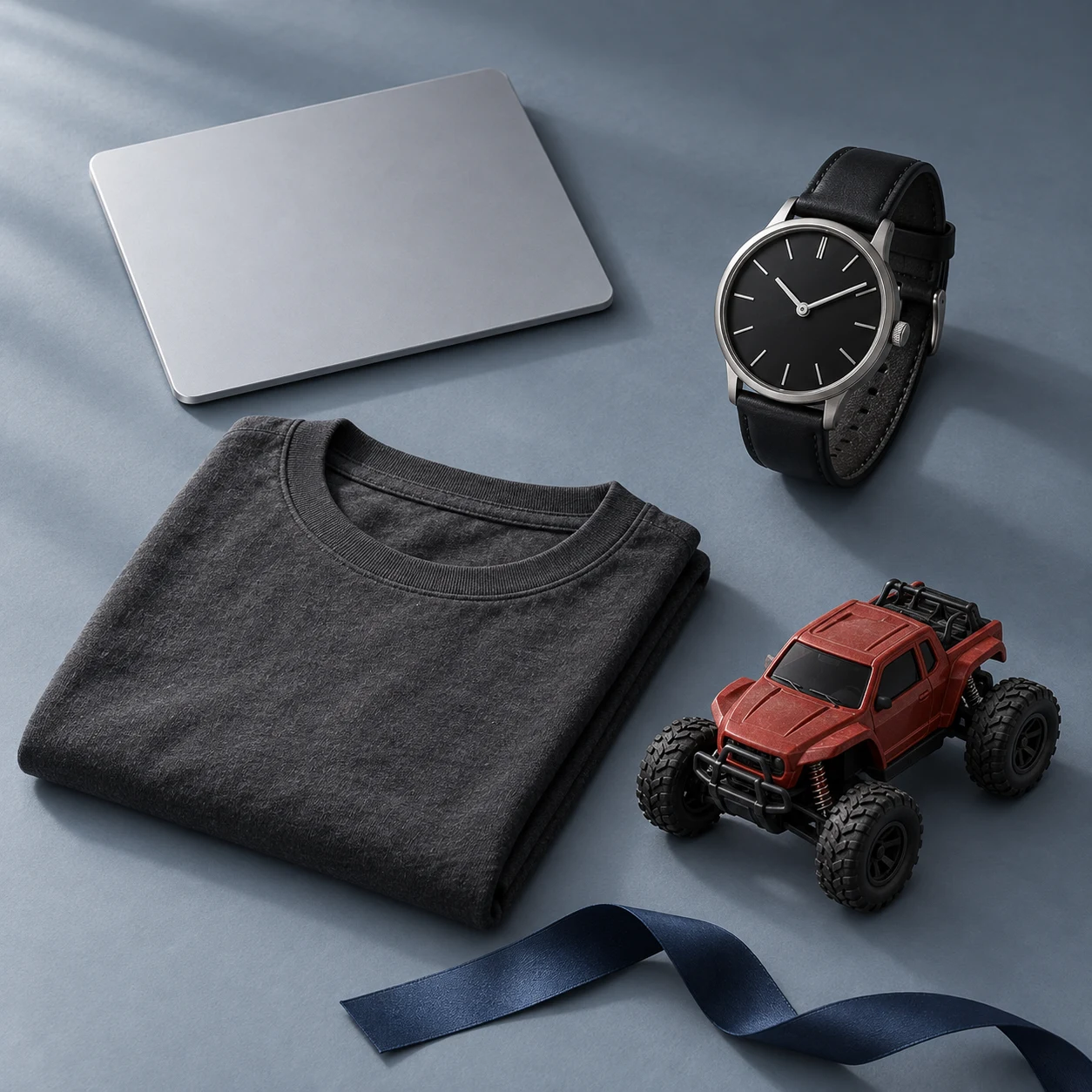An illustration hinting at a few gifts: a silver accessory, a black watch, a charcoal T-shirt and a red toy car.